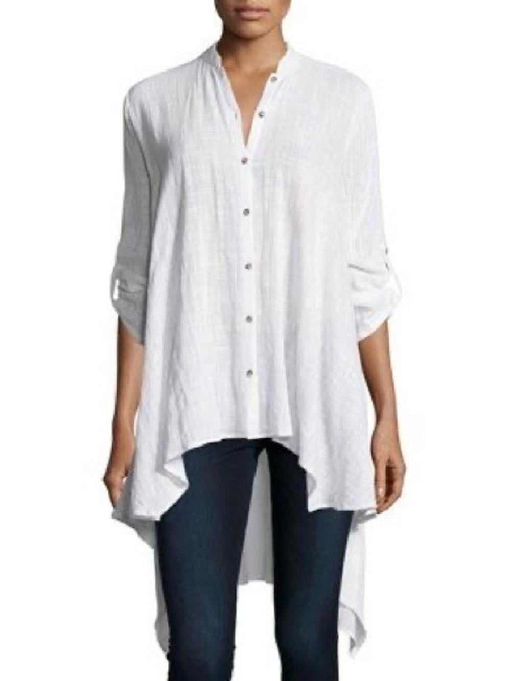 XCVI Cotton Button Down Oversized Asymmetrical Shirt Tunic, White Medium